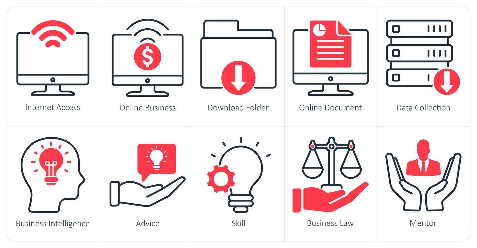 A set of 10 business and office icons as internet access, online business, download folder vector