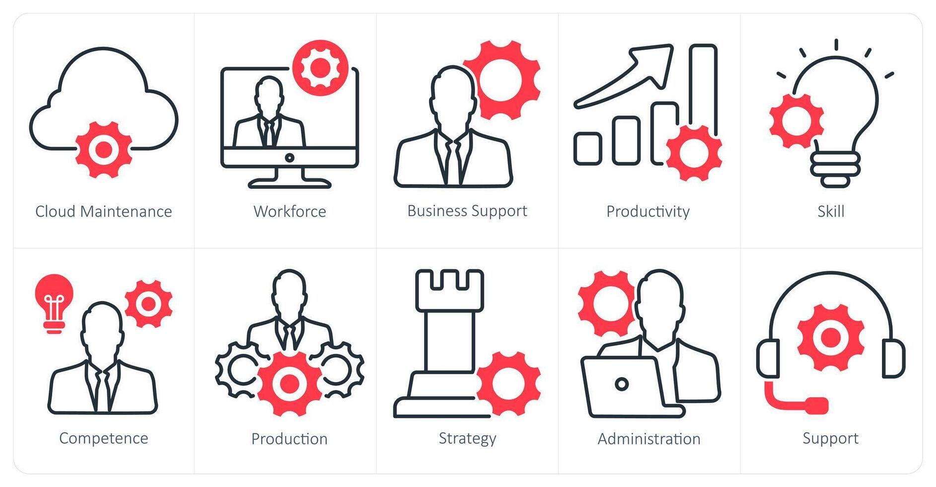 A set of 10 business and office icons as cloud maintenance, workforce, business support vector