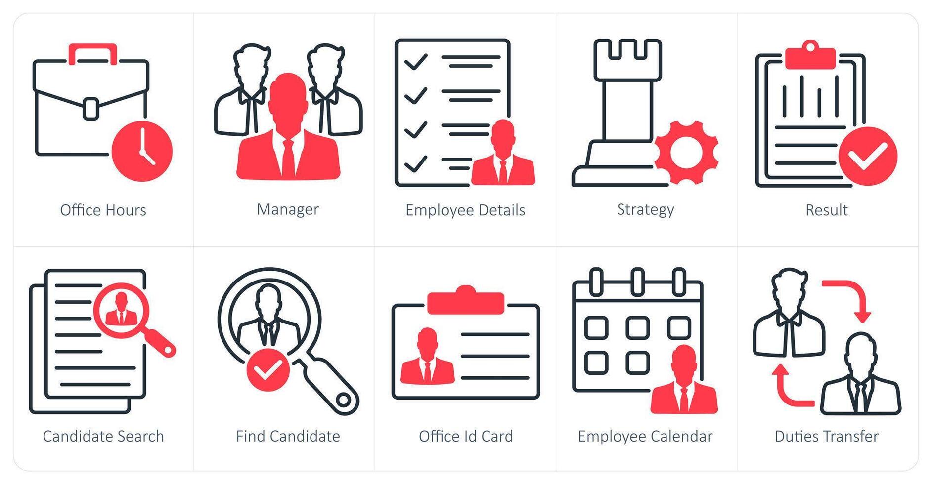 A set of 10 business and office icons as office hours, manager, employee details vector
