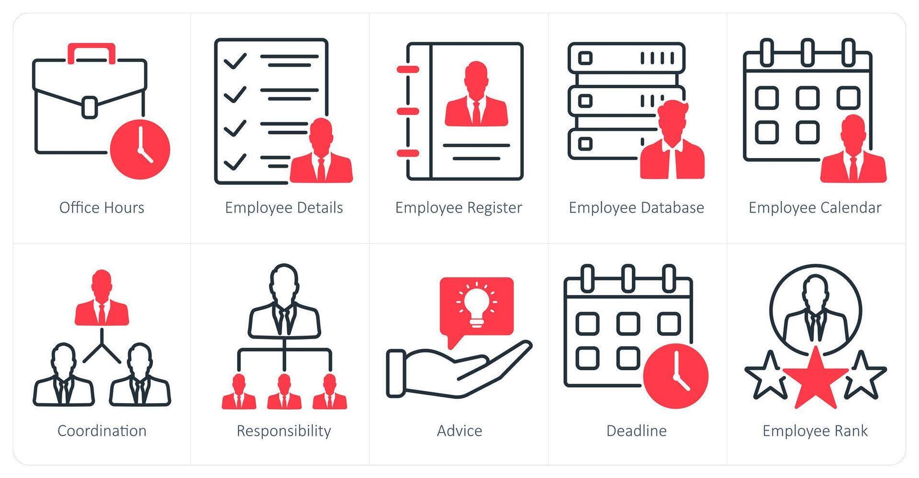 A set of 10 business and office icons as office hours, employee details, employee register vector