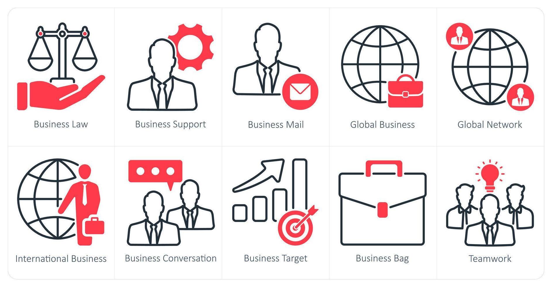 A set of 10 business and office icons as business law, business support, business mail vector
