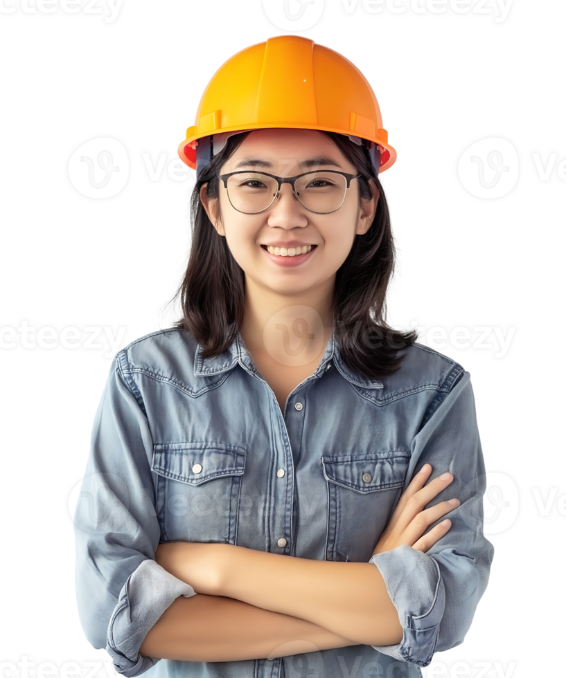 woman wearing a construction helmet is smiling with her arms folded across her chest isolated on a transparent background png
