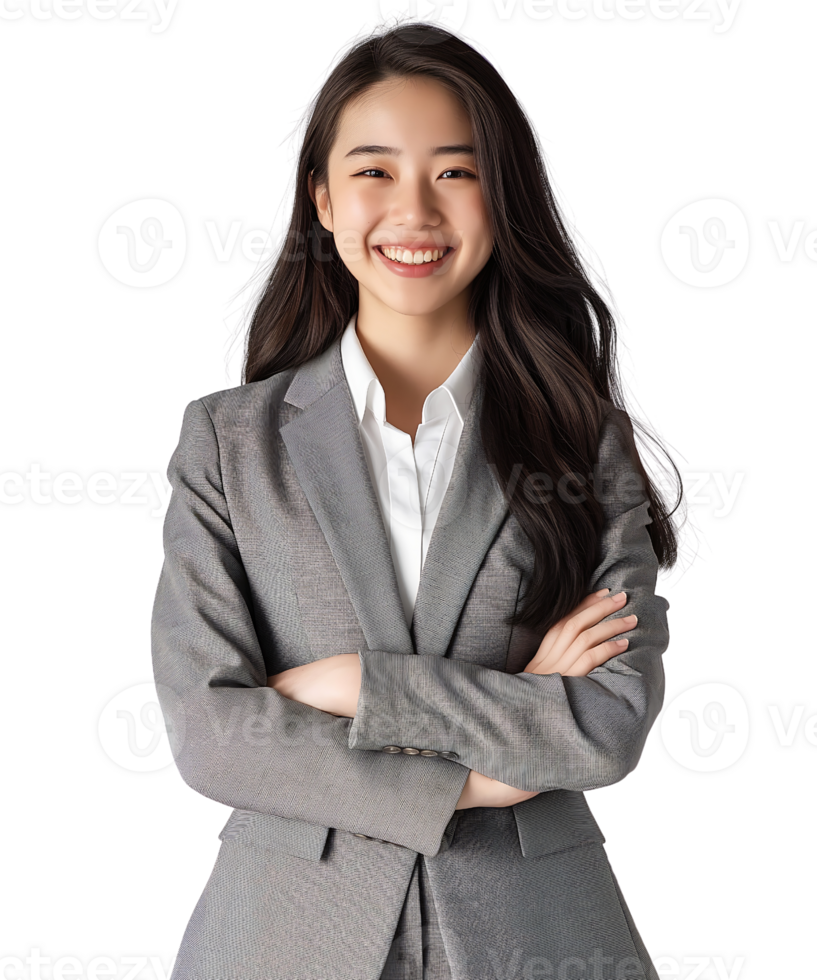 young woman wearing a gray suit is smiling with her arms folded across her chest isolated on a transparent background png