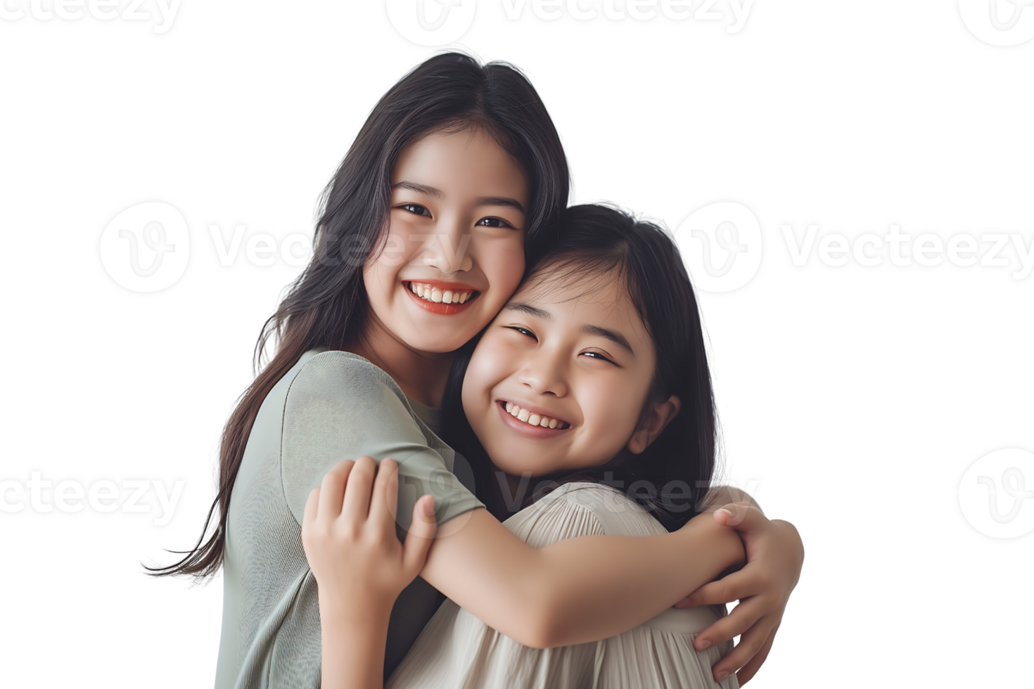 Asian girl with a wide smile tightly embraces her young mother isolated on transparent background png