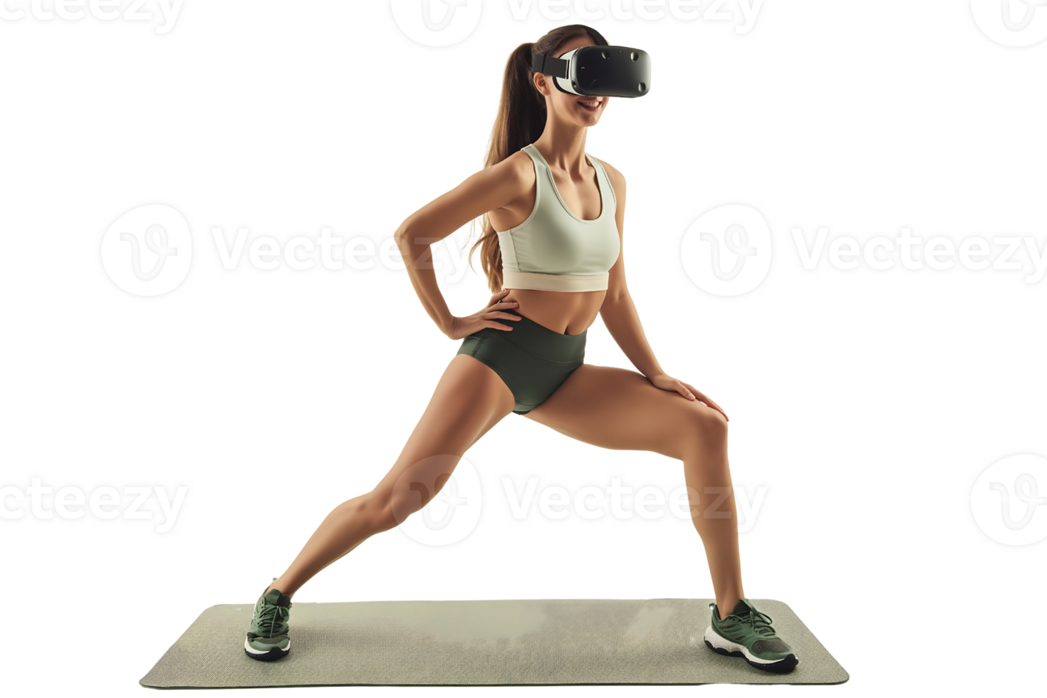 young woman with virtual reality glasses is performing dynamic warm-up exercises, side lunges on a mat isolated on transparent background png