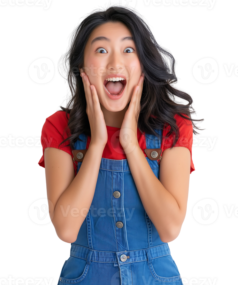 young Asian woman with both hands on her cheeks with a surprised expression isolated on transparent background png