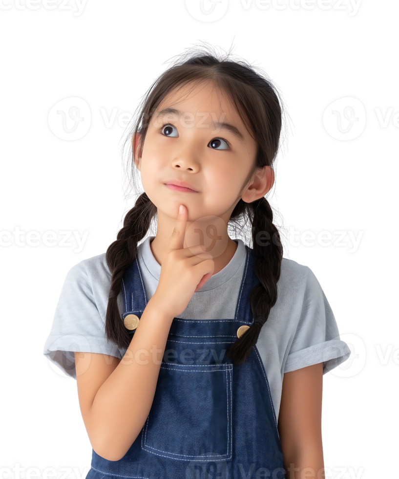cute Asian girl touching her chin with her hand while raising her index finger up is contemplating decision making and the right choice isolated on transparent background png