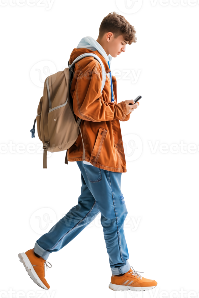 man walking wearing trendy clothes holding his phone in his hand and looking at the screen isolated on transparent background png