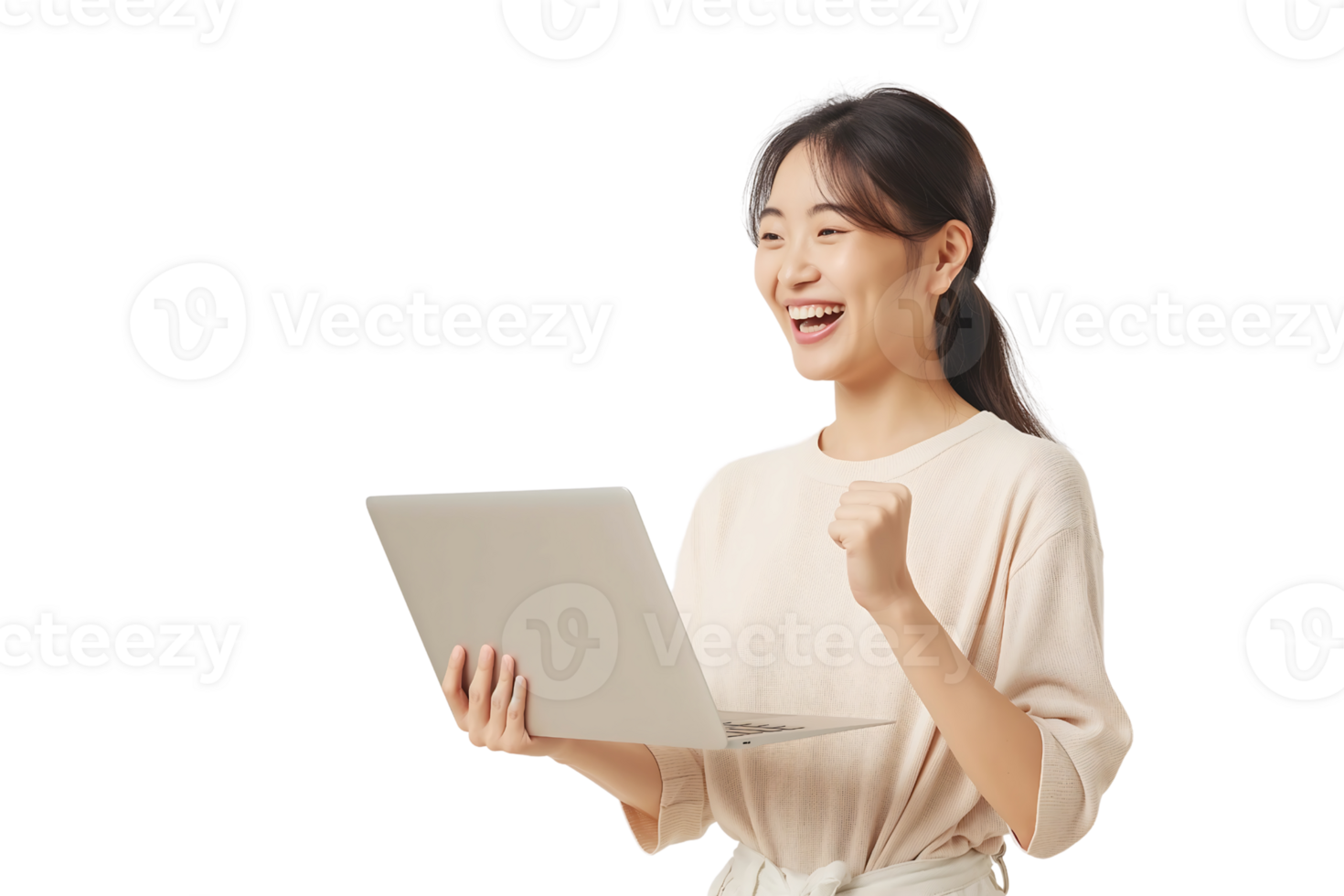 young Asian woman stands holding a laptop with an expression of joy isolated on transparent background png