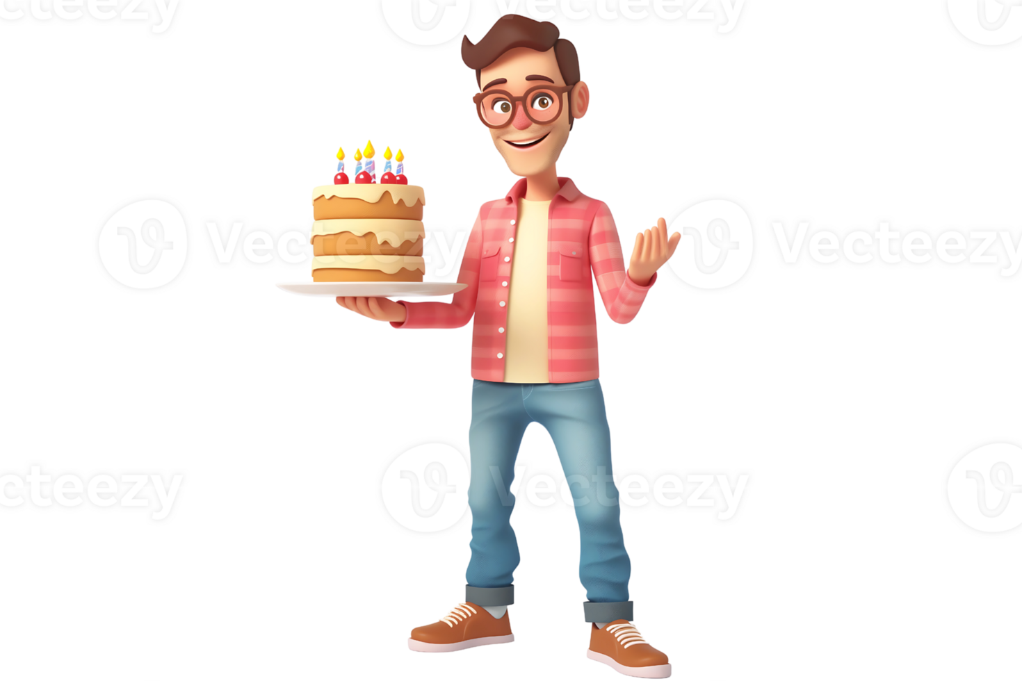 cartoon character of a man with glasses standing holding a birthday cake on a transparent background png