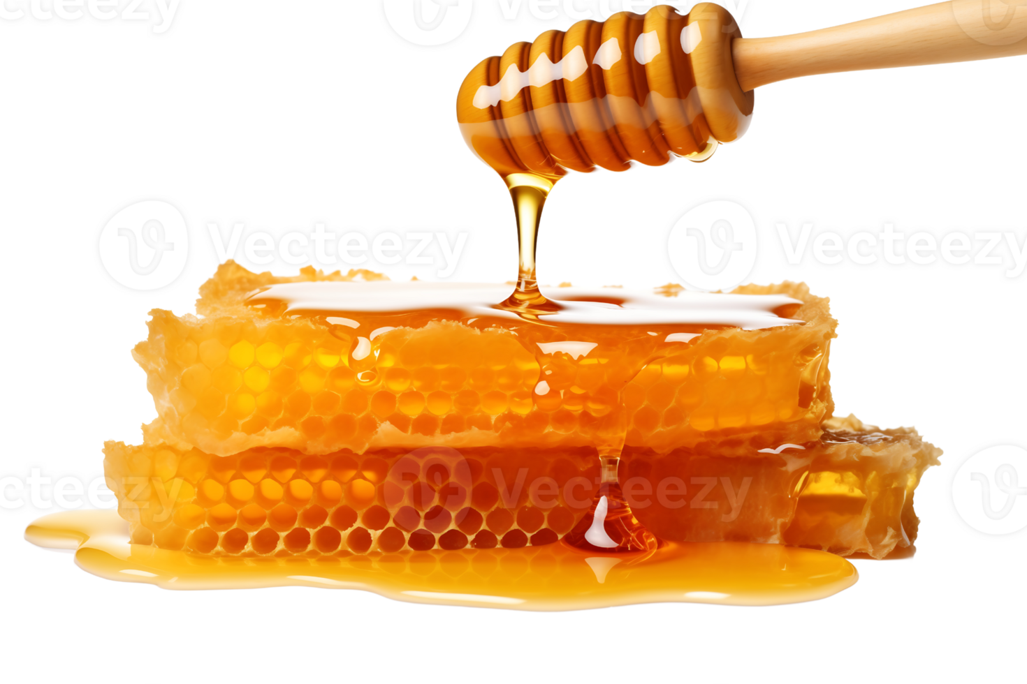 Natural pure honey dripping into honeycomb isolated on transparent background png