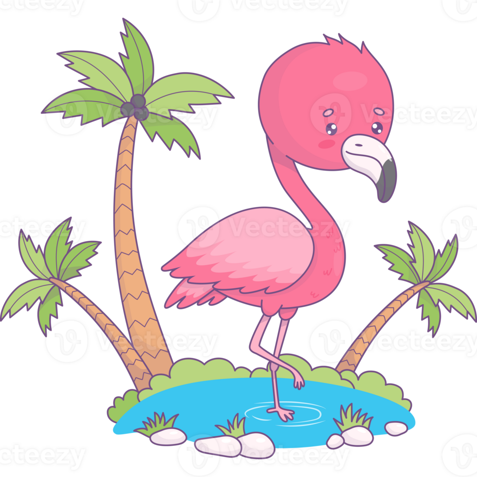 Pink flamingo with tropical palm trees png