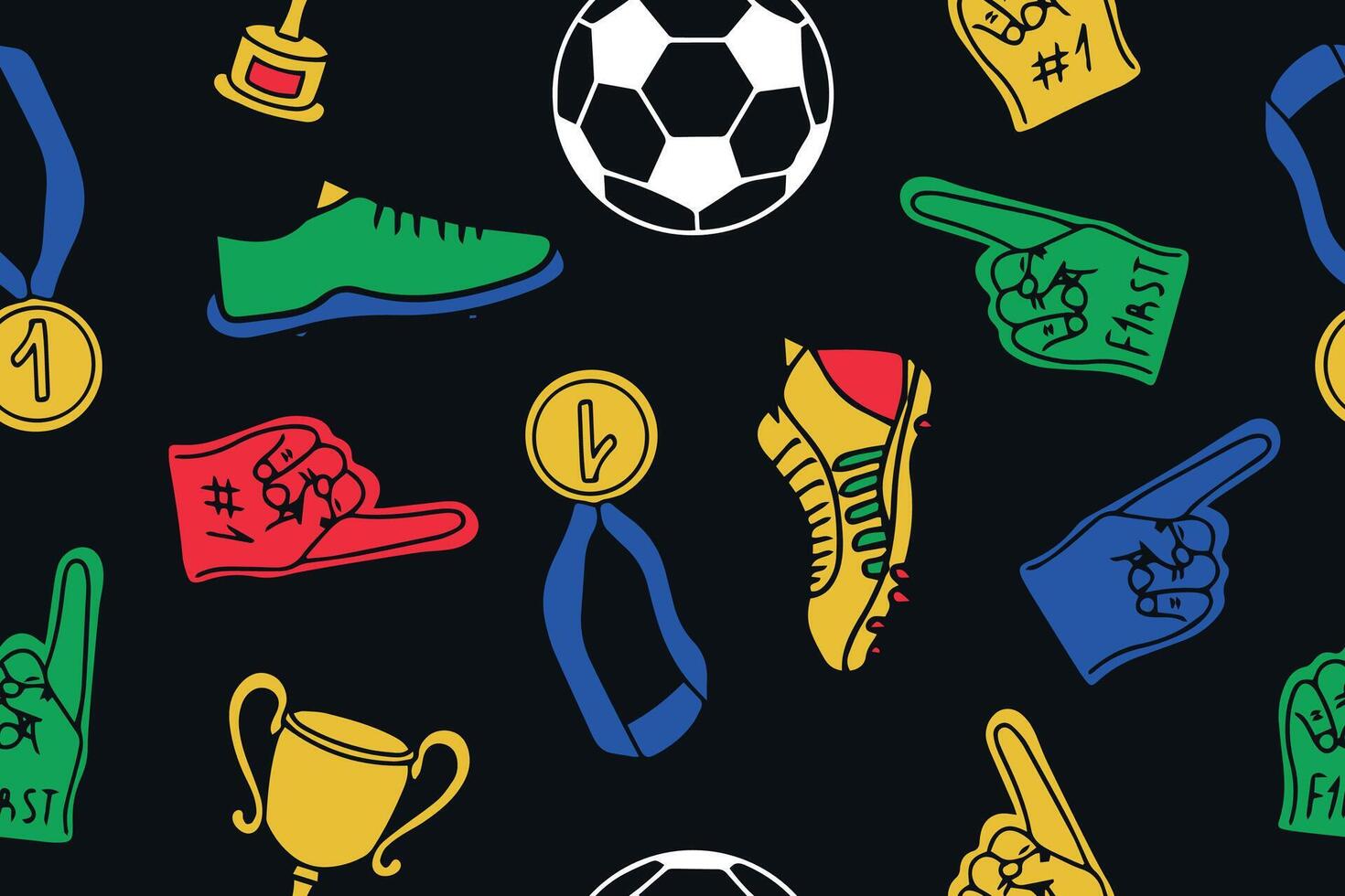 Seamless pattern of clothing and paraphernalia of football players in doodle style. Football decorative illustration. vector