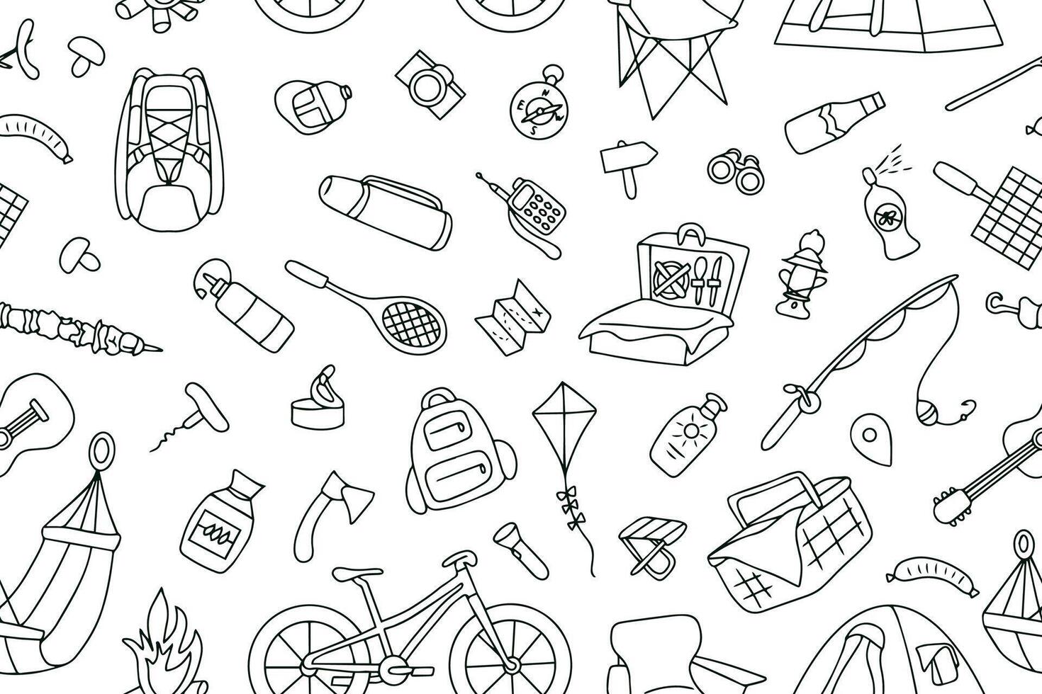Seamless pattern on the theme of picnic, travel and camping. Doodle style. . illustration vector