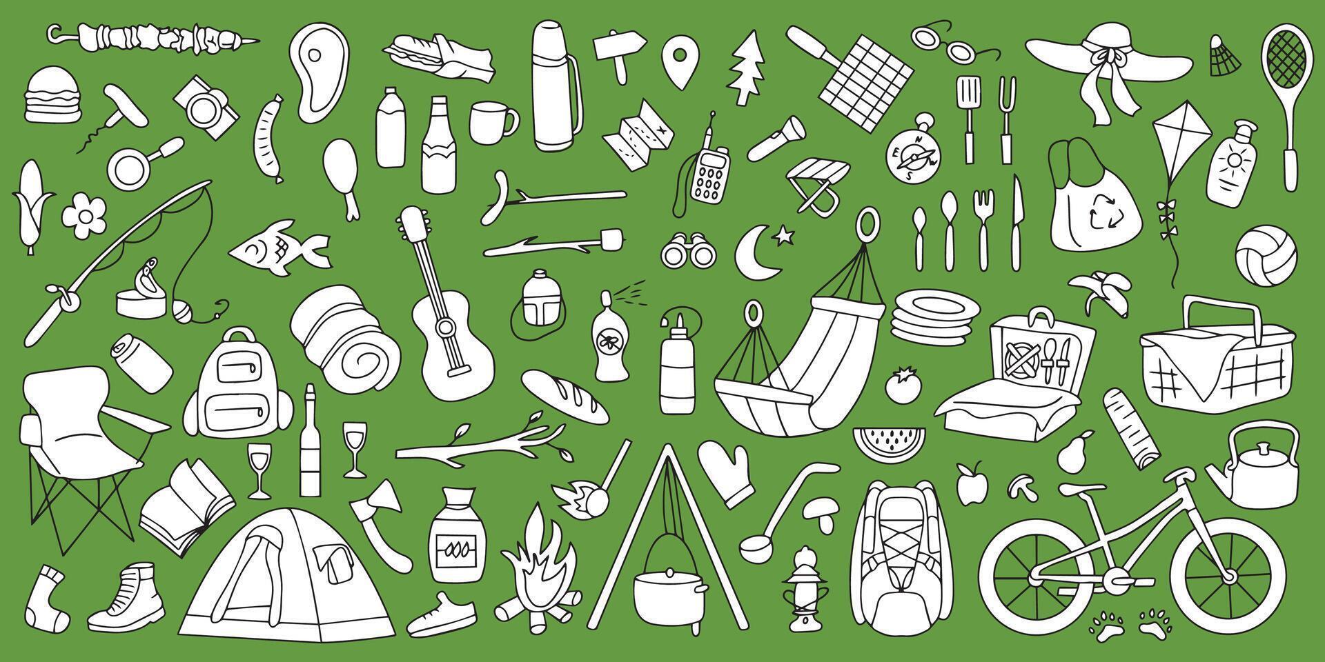 Hand drawn picnic, travel and camping theme. Doodle style. vector