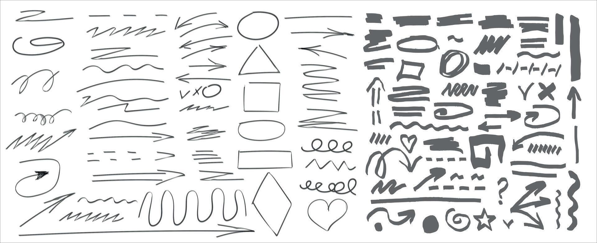 Hand drawn sketch black marker, brushed signs, arrows, lines, shapes, handwritten, design elements set isolated on white background. illustration vector
