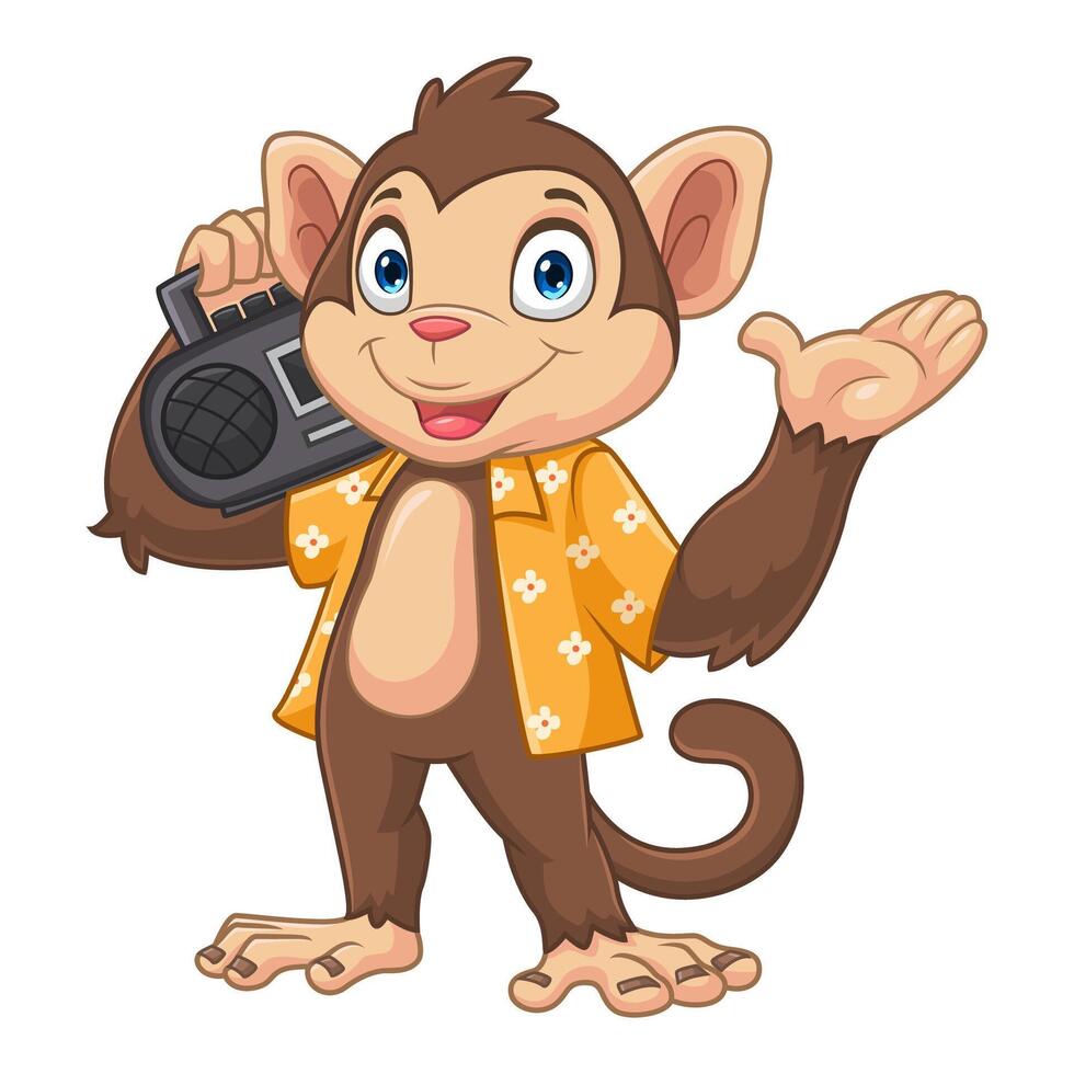 Cartoon monkey is listening to the radio and waving his hands vector