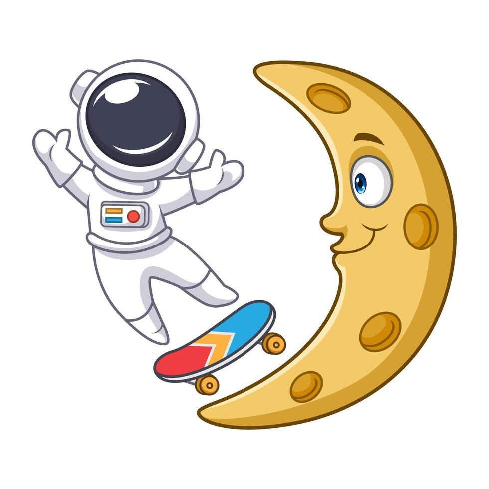 Cartoon cute astronaut skateboarding on the moon vector
