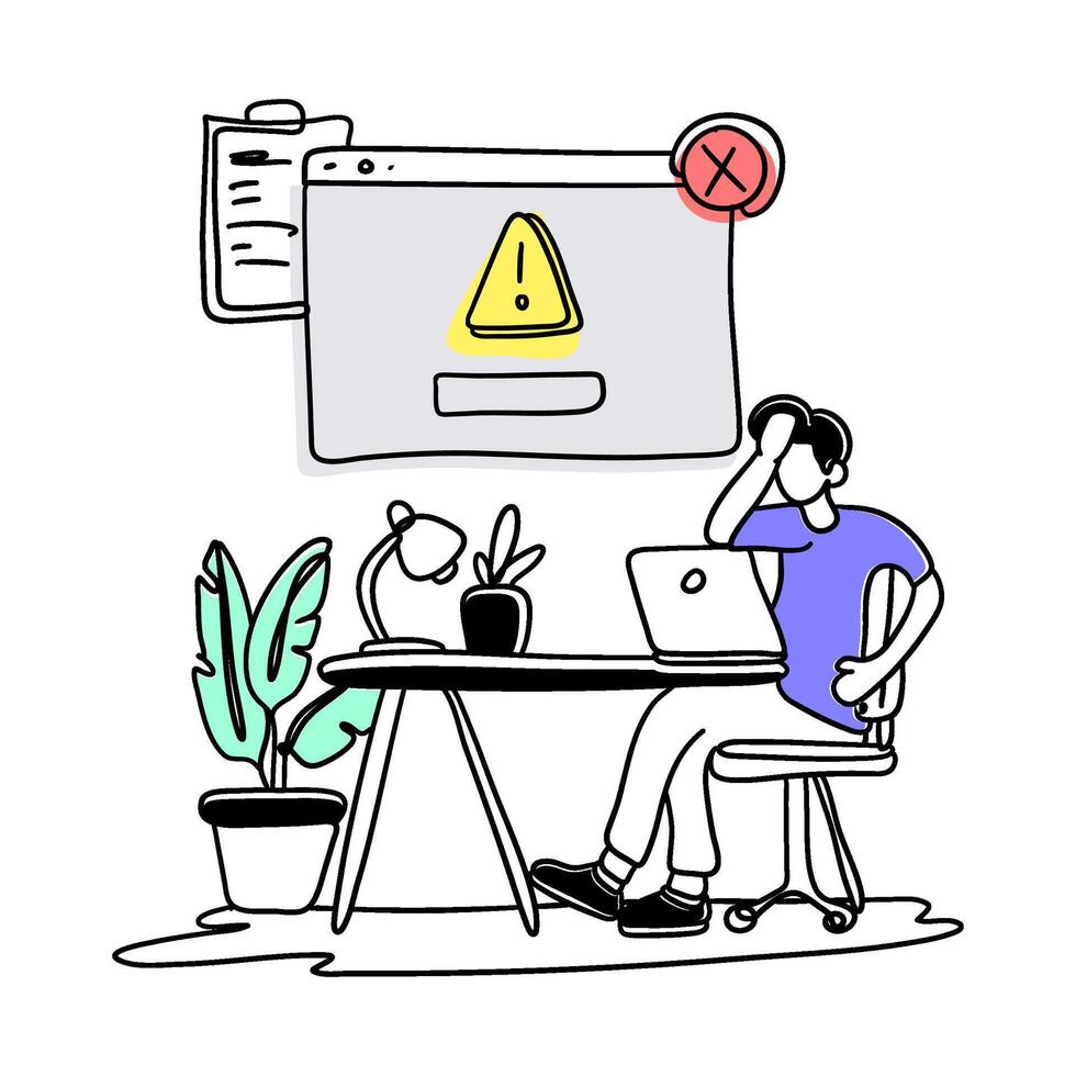 Experience the modern and clean aesthetic of a flat illustration featuring an Error Warning on the web vector
