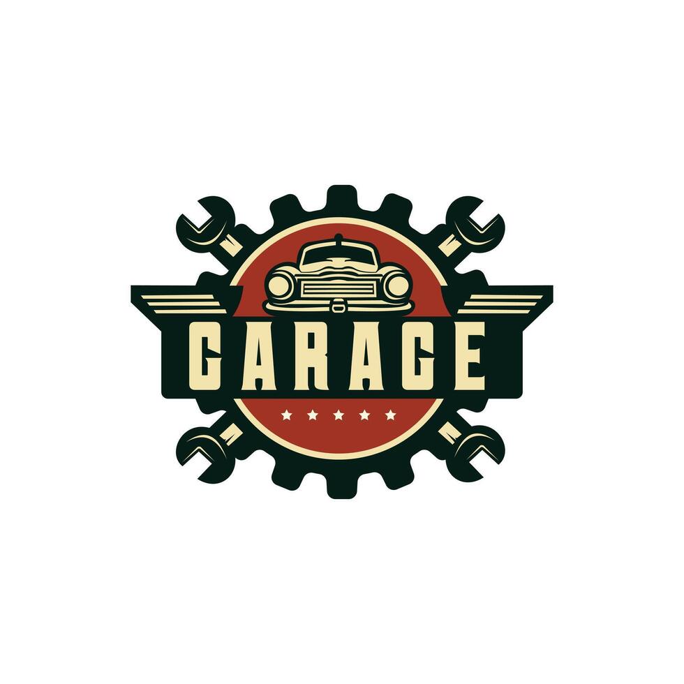 Retro car repair garage sign with retro style truck. Custom restoration shop. vector