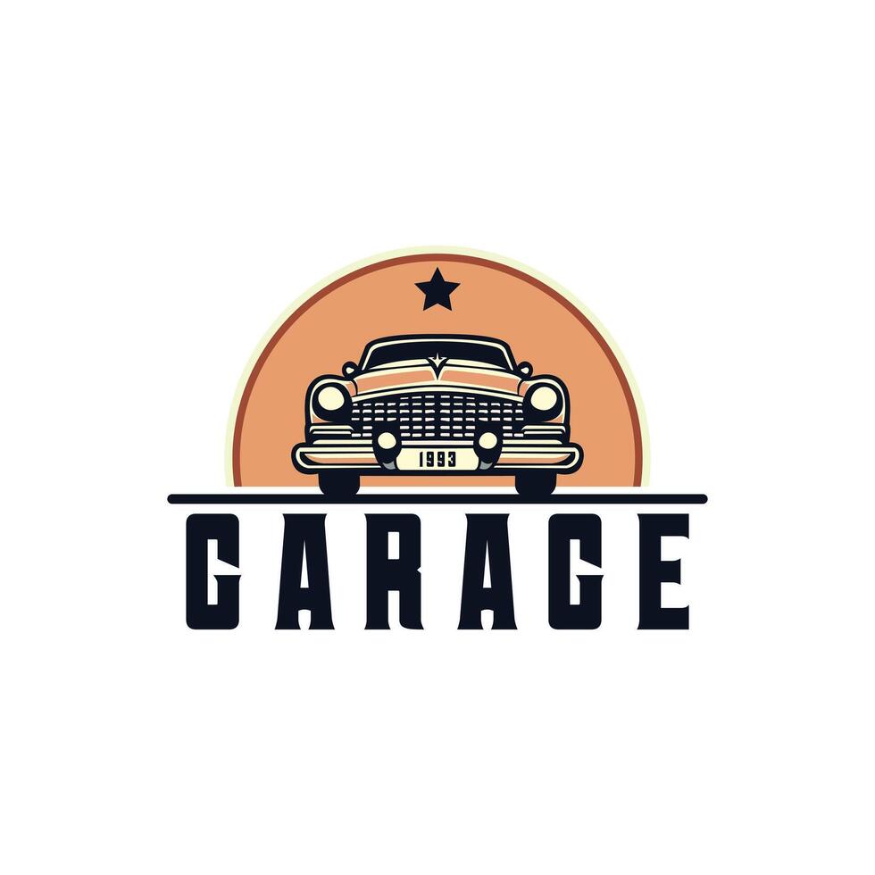 Retro car repair garage sign with retro style truck. Custom restoration shop. vector