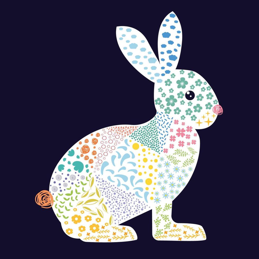 Easter bunny with floral pattern on blue background. illustration. vector