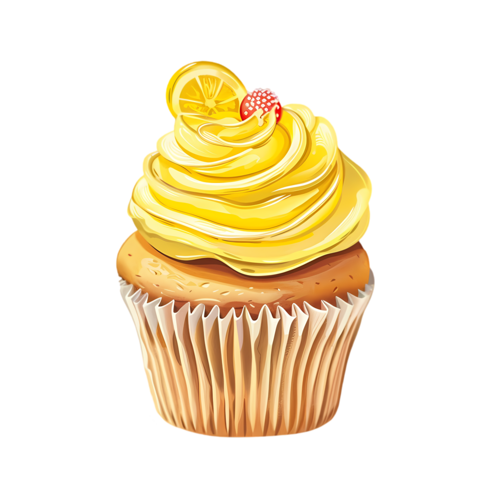 Lemon Cupcake with Swirled Frosting and a Red Candy png