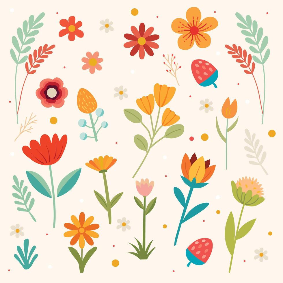 Floral collection with leaves, flower bouquets. flowers. Spring art print with botanical elements. With Easter. vector