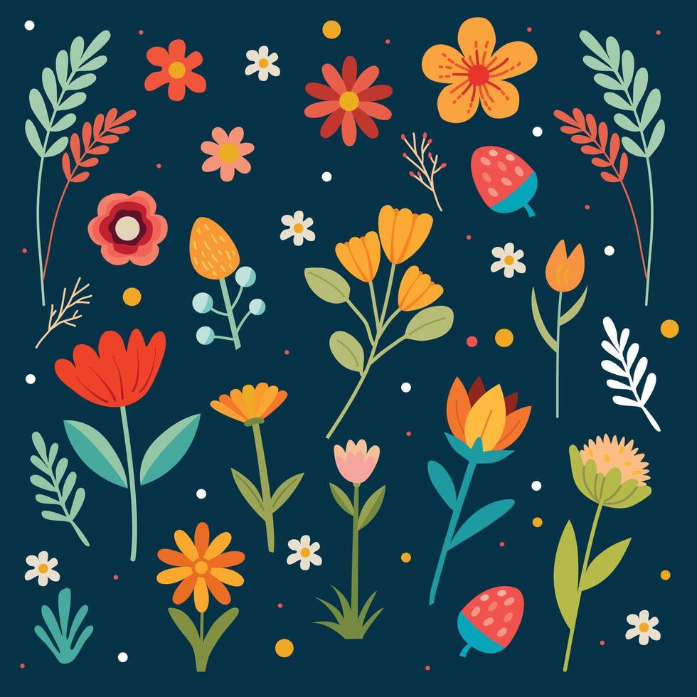 Floral collection with leaves, flower bouquets. flowers. Spring art print with botanical elements. With Easter. cute spring flowers and leaves. vector