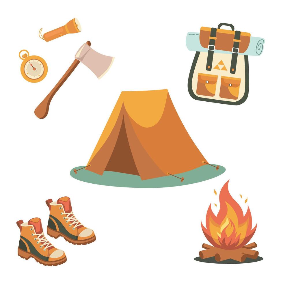 Camping, hiking items set. Summer travel and picnic stuff. Tourism and adventure accessories. vector