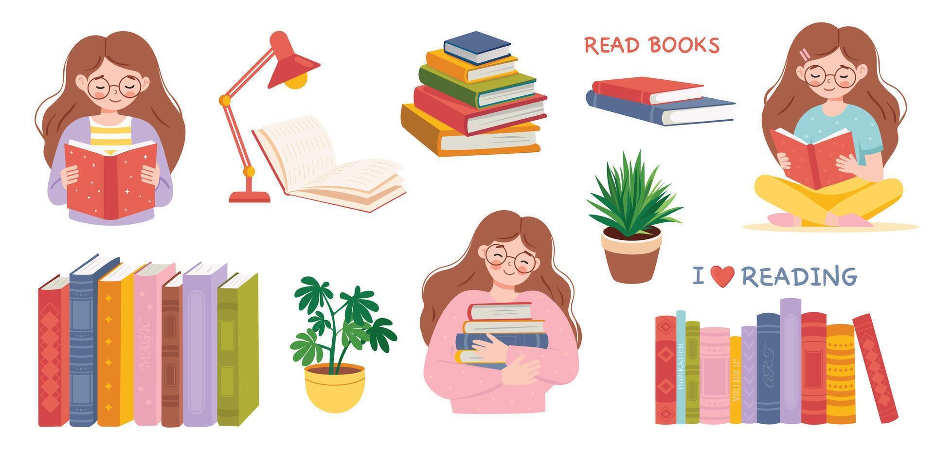 Stacks of books, books, plants, girl reading, love of reading. World Book Day. vector