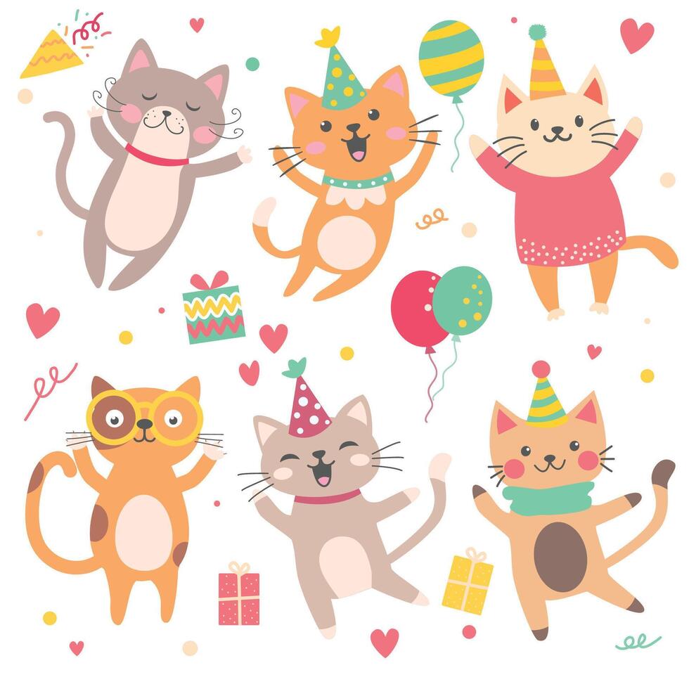 Hand drawn happy birthday card with funny cats with birthday cap. vector