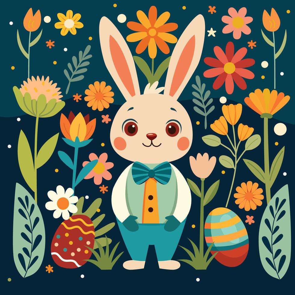 Easter bunny with flowers and eggs. Rabbit with folk flower elements vector