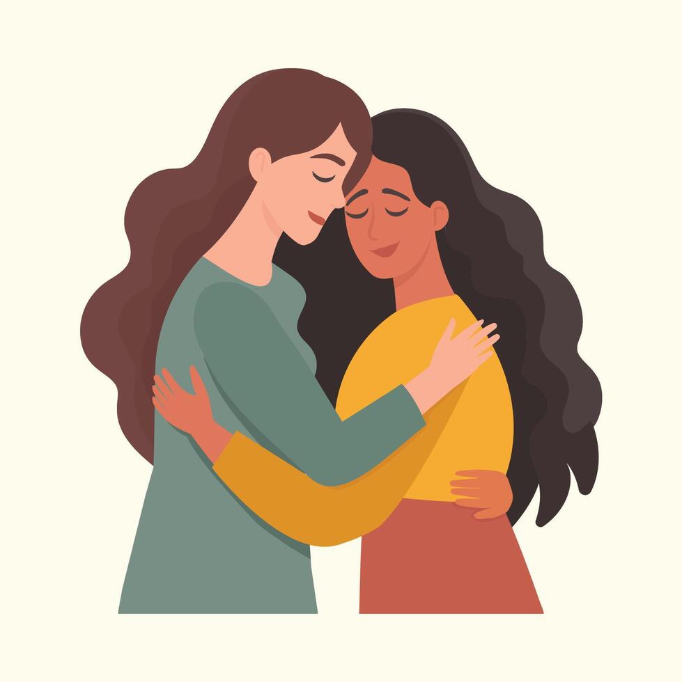 Two cute girls hugging with lots of love. Support, sympathy. long awaited meeting. flat illustration. vector