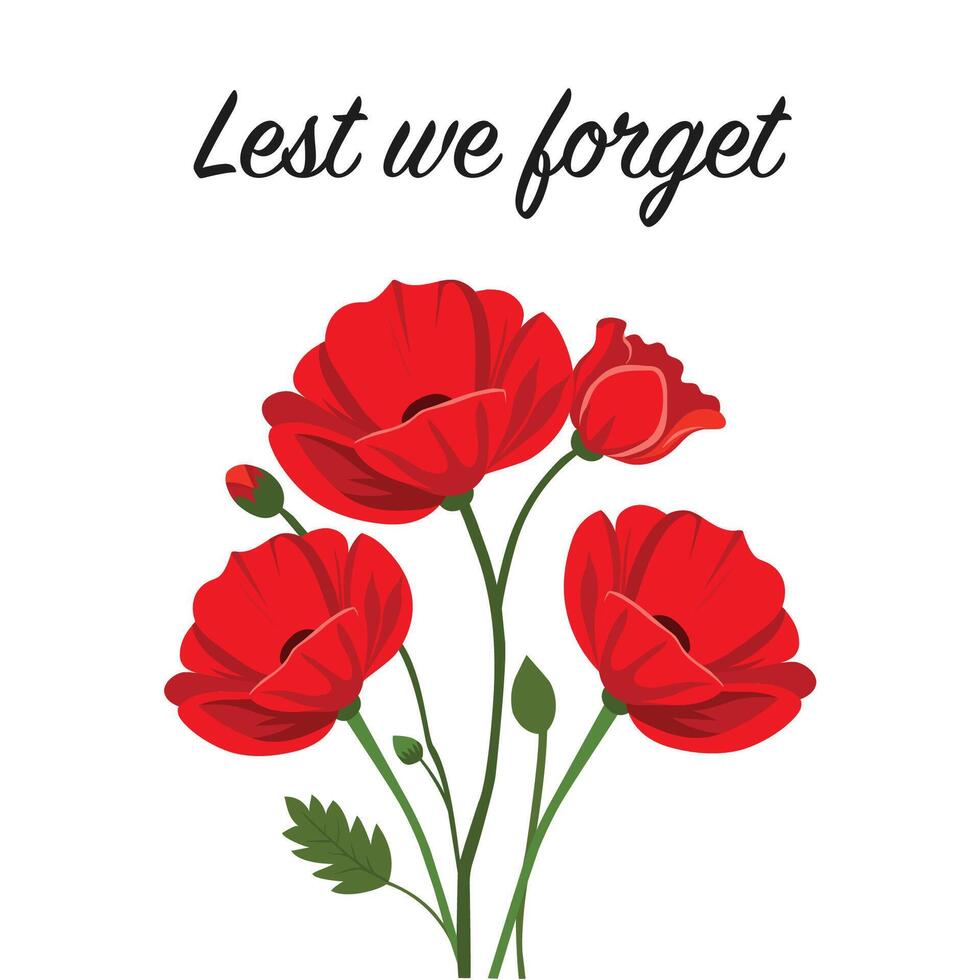 Illustration of Remembrance Day Anzac Day. Red poppies on white background. illustration for design vector