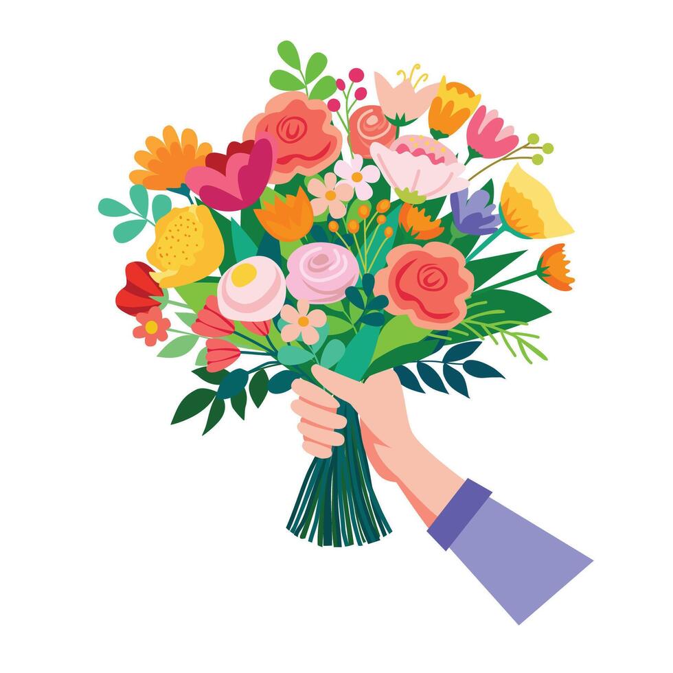 A bouquet of flowers in her hand. illustration on white background. Colorful, various flowers. vector