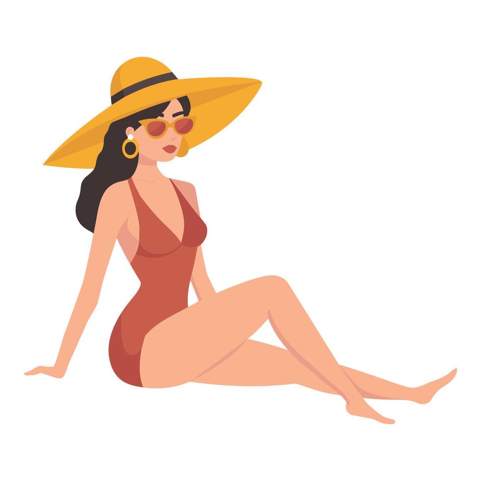 Summer vacation. Girl sunbathing in swimsuit, posing with hat vector