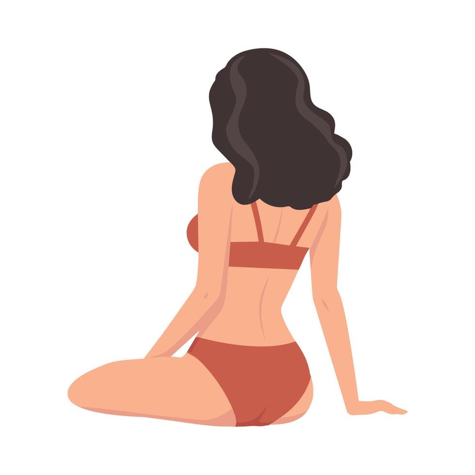A woman in a swimsuit sits with her back to the viewer and looks into the distance. The wind ruffles her hair. View from the back. vector