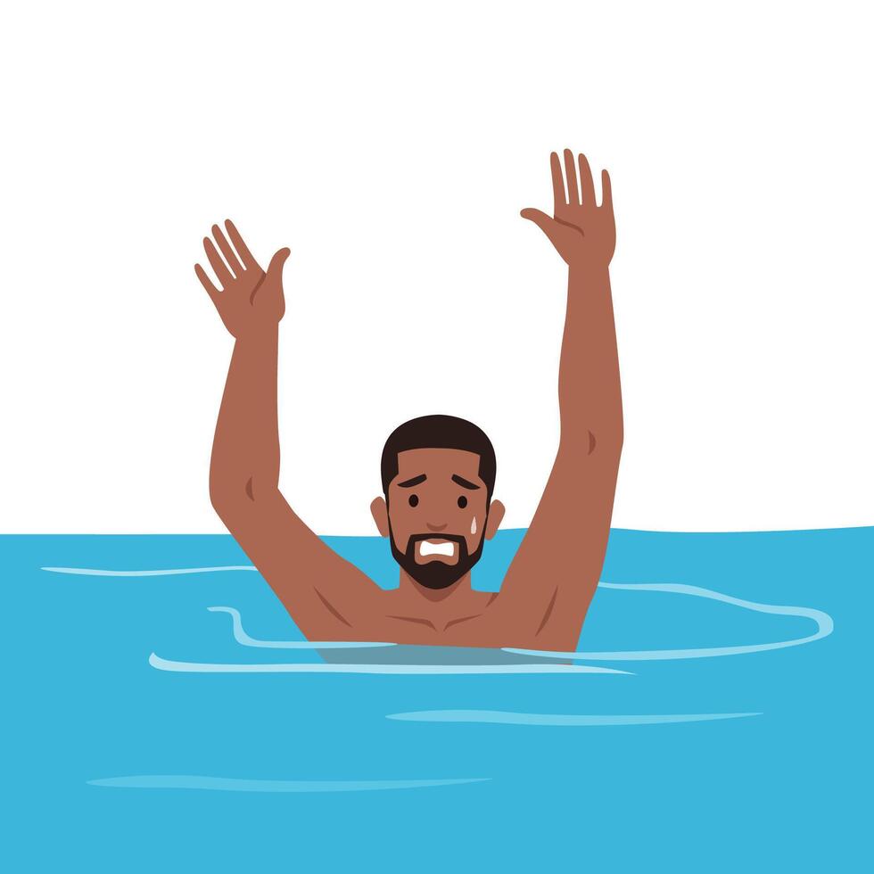 Stressed man drowning in water rise hand asking for help. vector