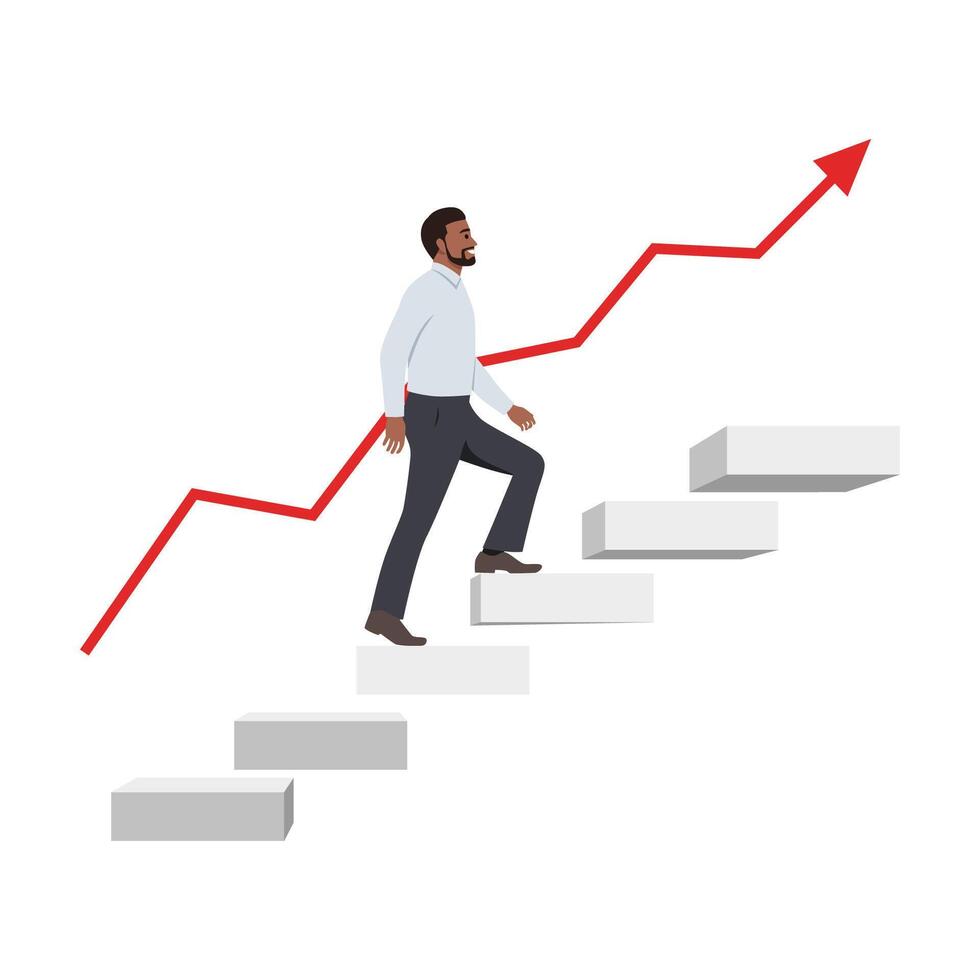 Young business man steps up stairs to successful point. vector