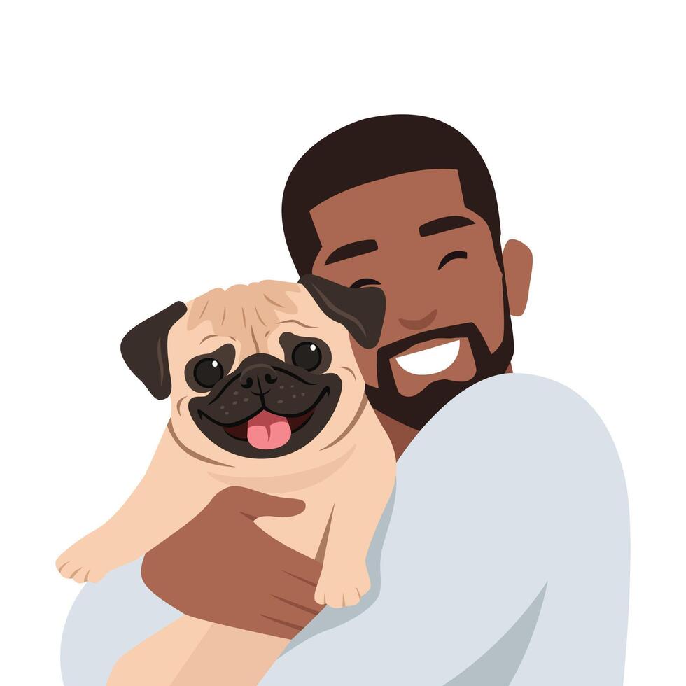 Young man hugging little dog pet. vector