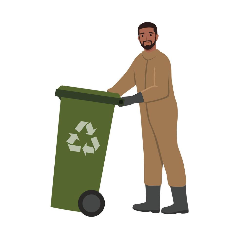 Young garbage collector carrying garbage waste rubbish bin. vector