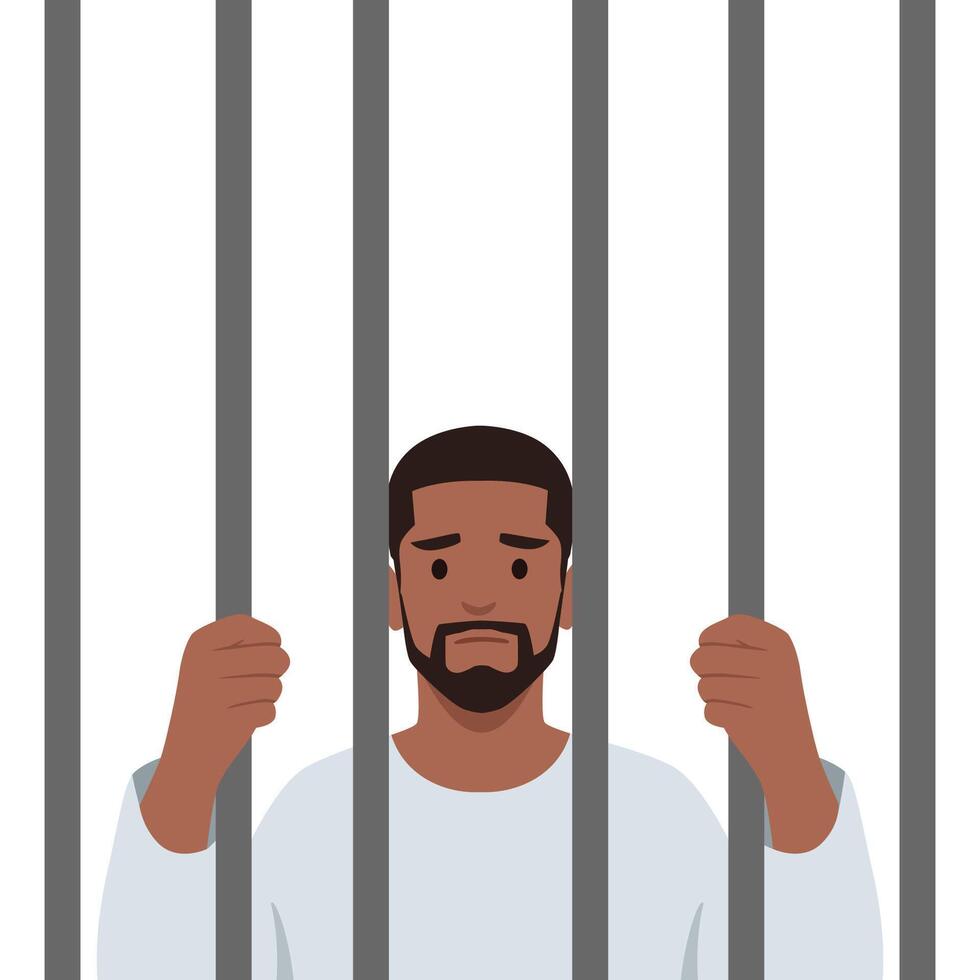 Bearded prisoner in orange suit behind bars of a prison cell. vector
