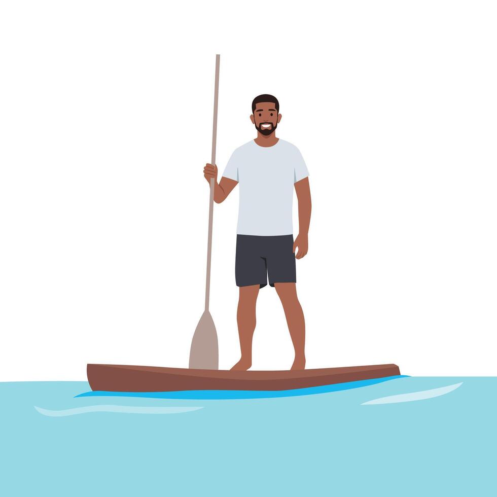 Bold person travel in sailboat. vector