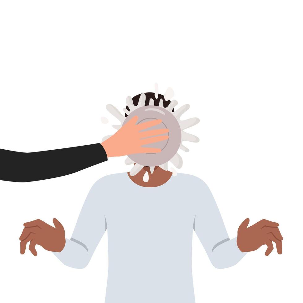 Person throw pie in man face make fun of friend or colleague. vector