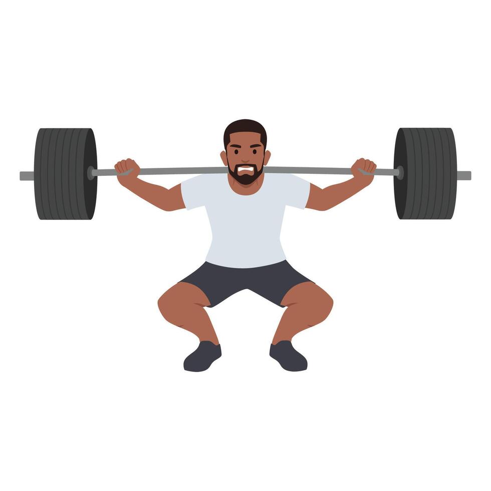 Man doing Barbell squat exercise with too much weights. Ego lifting. vector