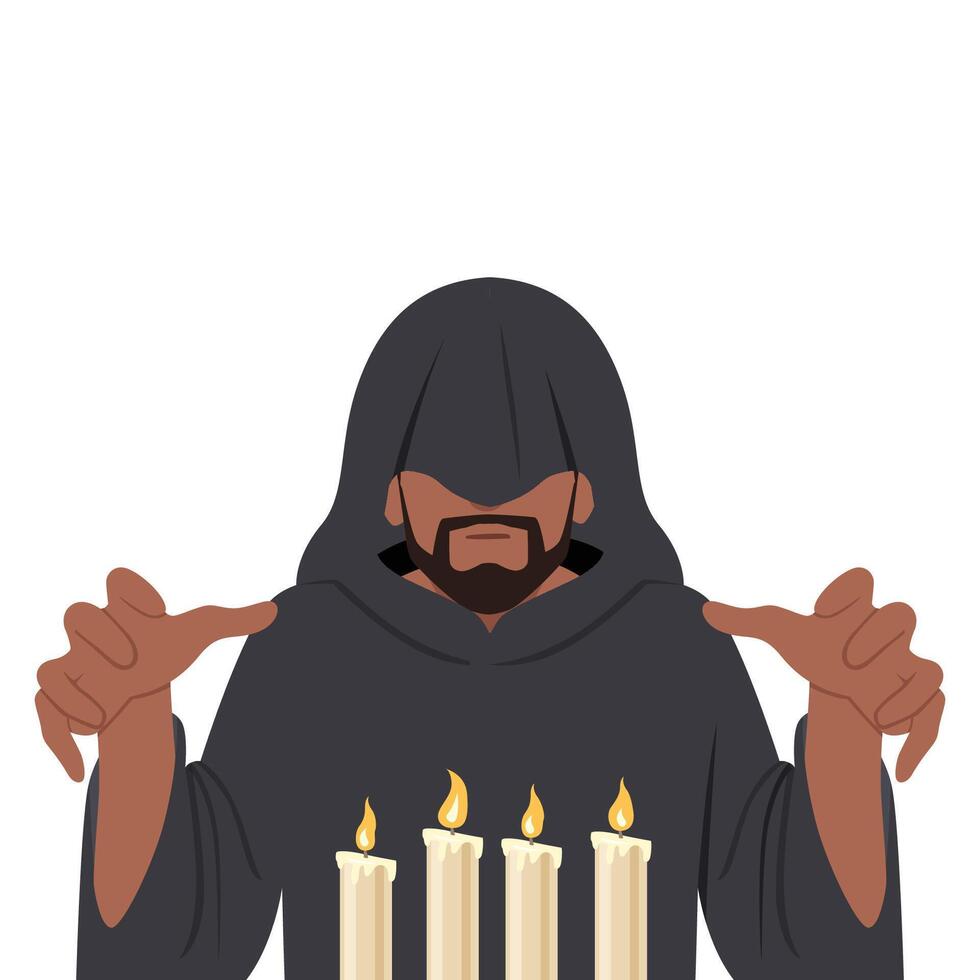 Young man Monk experiments with black magic. vector