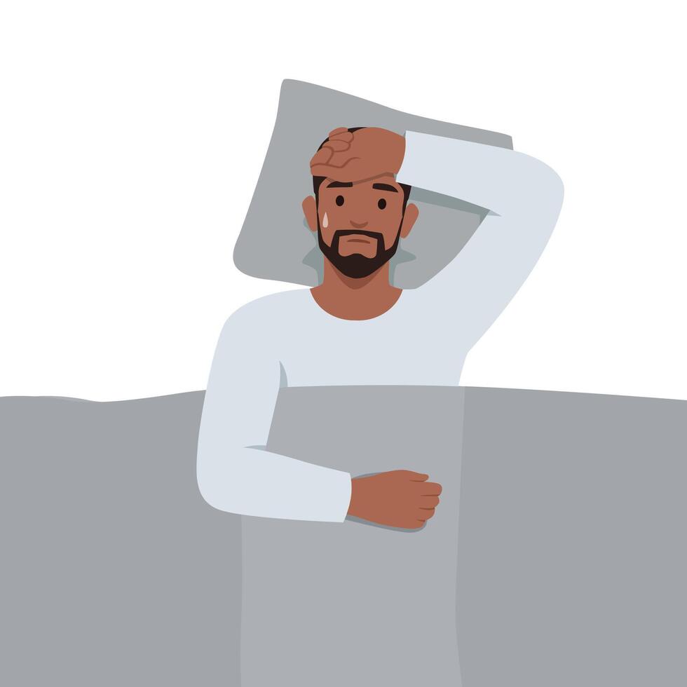 Man lying in bed with flu symptoms. vector