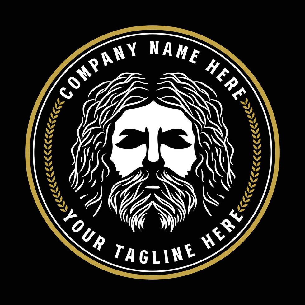 Vintage Greek Old Man Face God Zeus Triton Neptune Philosopher or Noah Jesus with Beard and Mustache Badge Emblem Label Design vector