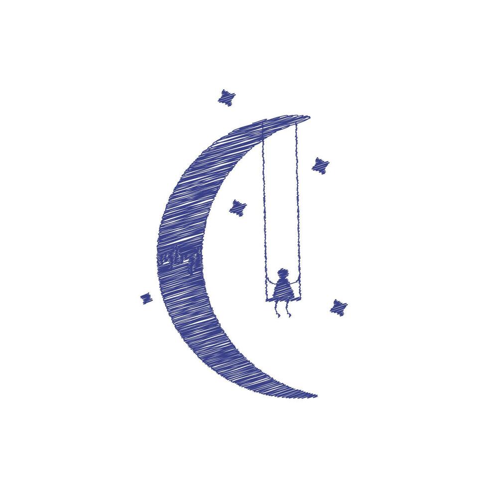 Moon day line sketch drawing vector